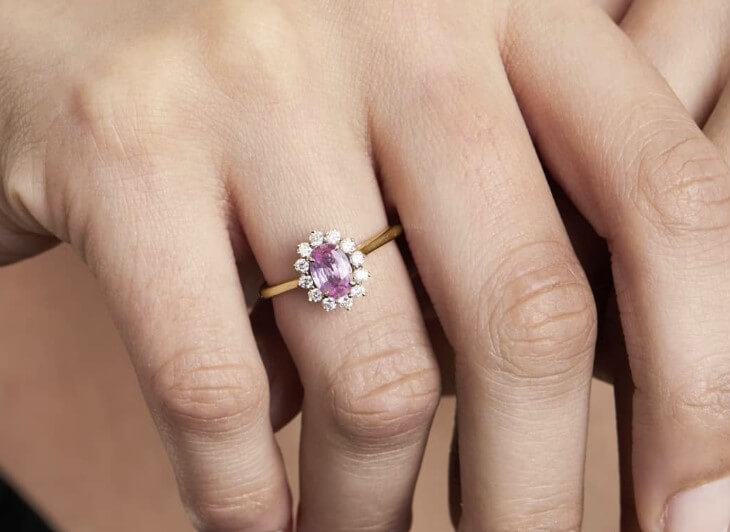 oval halo pink sapphire ring